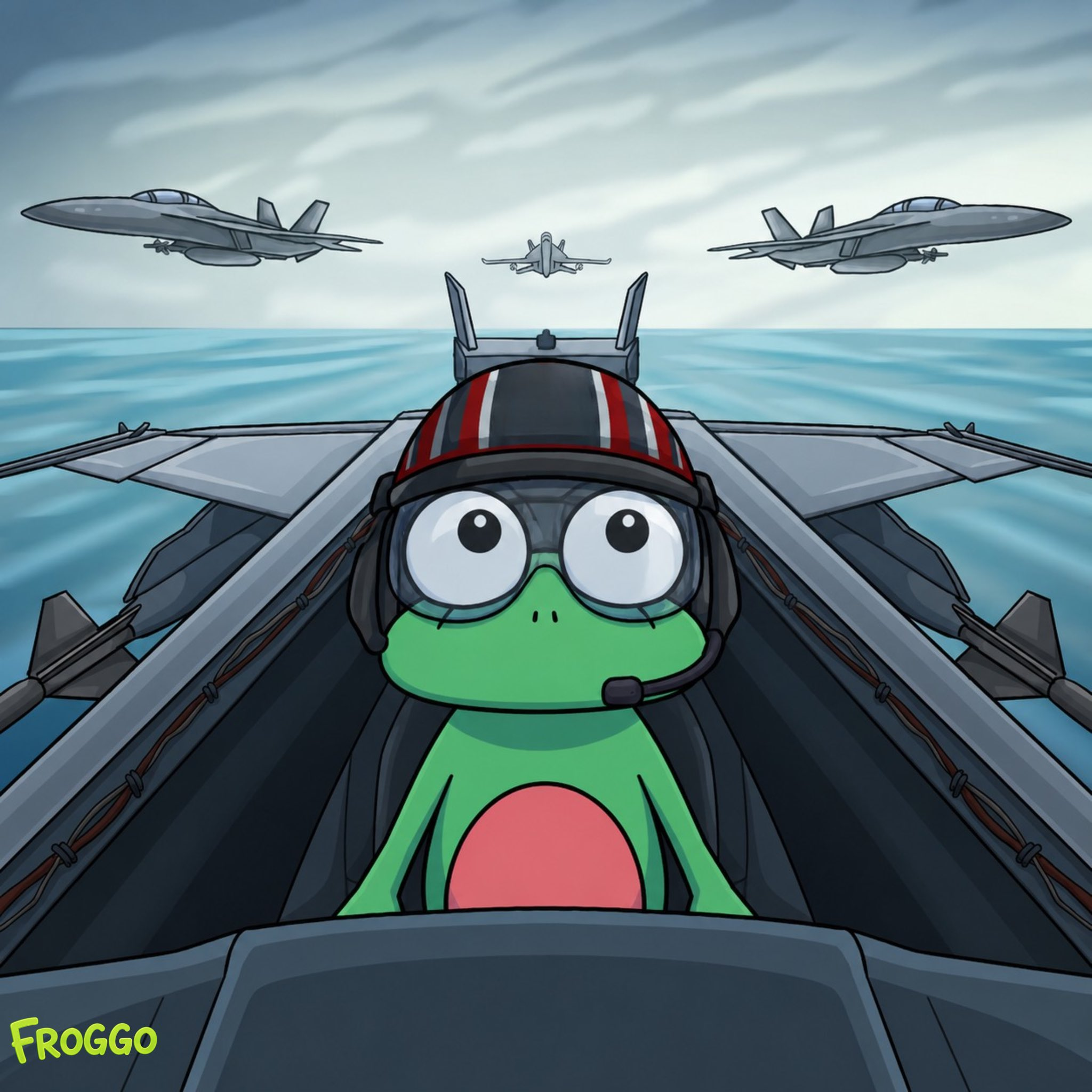 Froggo flying with a fighter squadron