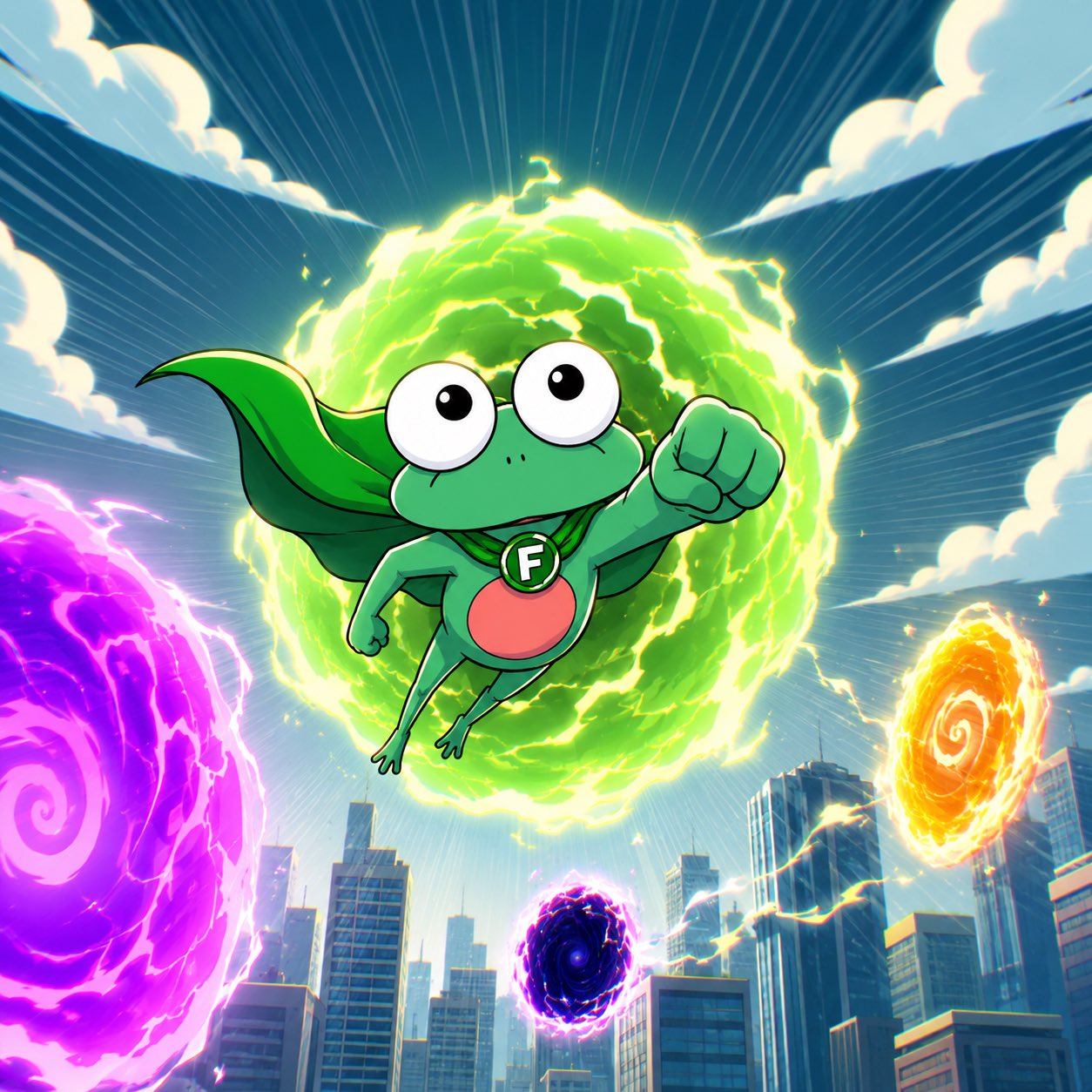 Froggo flying through a glowing portal