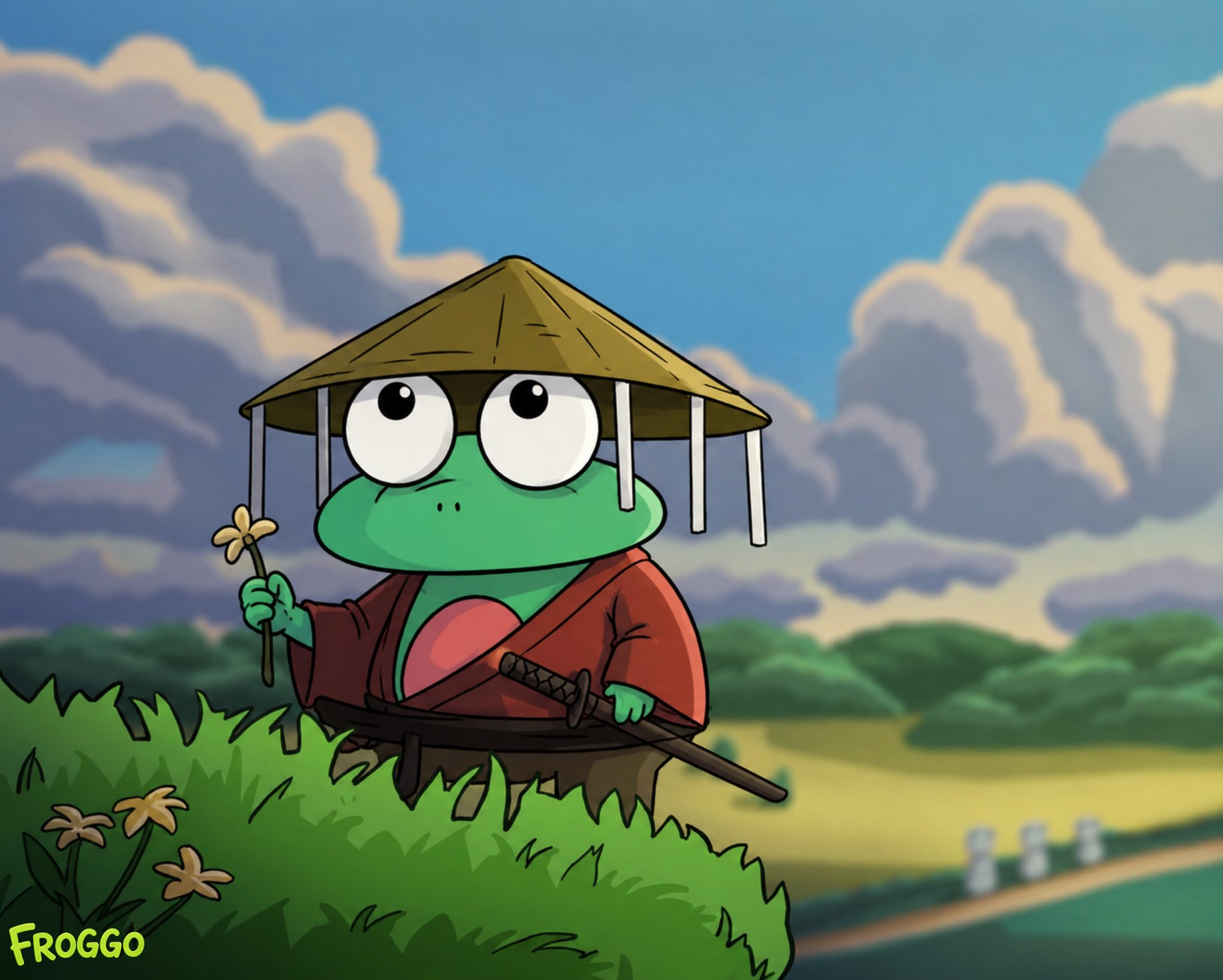 Froggo dressed as a samurai