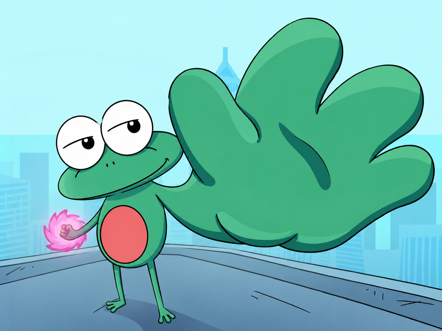Froggo with a giant powered-up hand