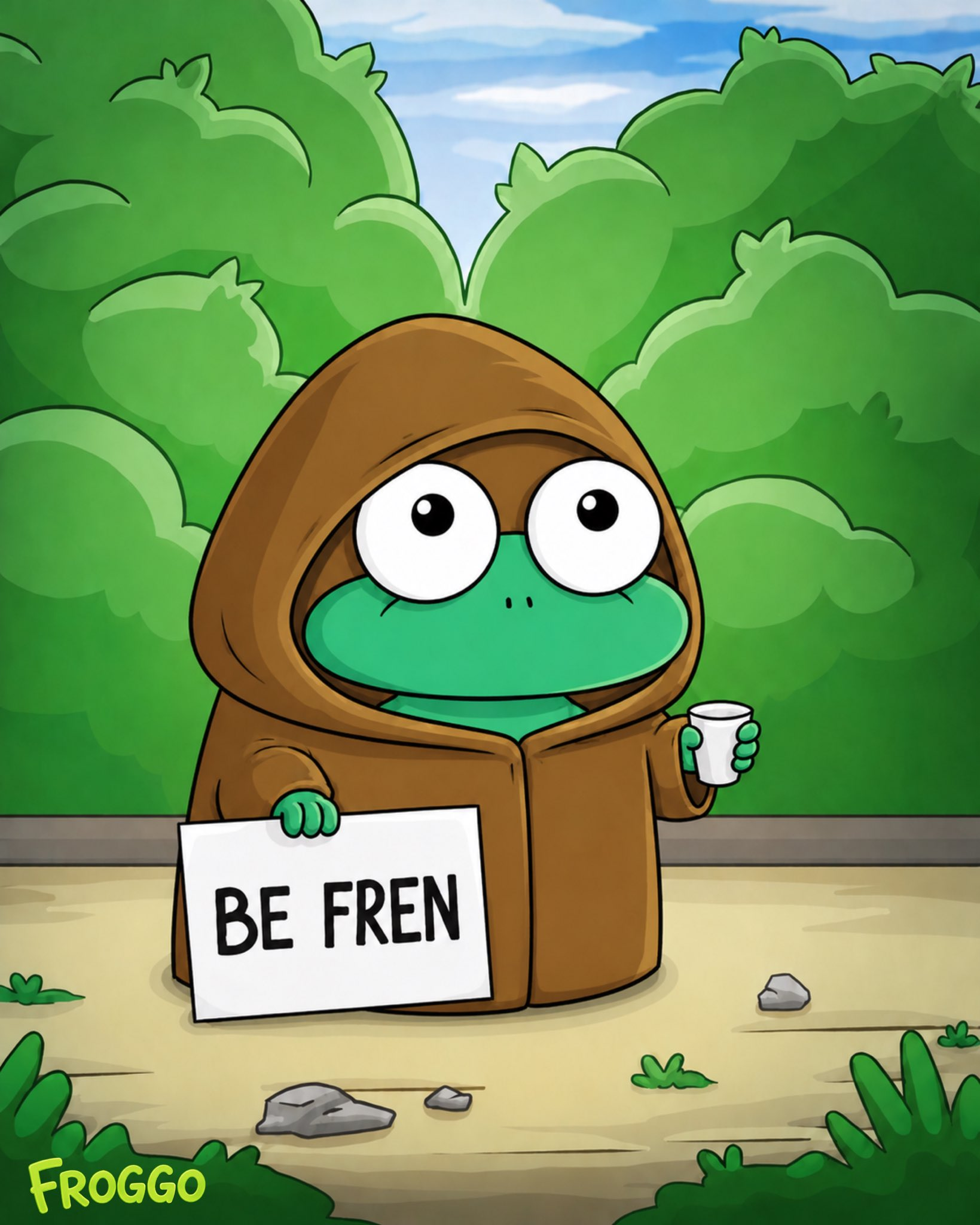 Froggo holding a Be Fren sign