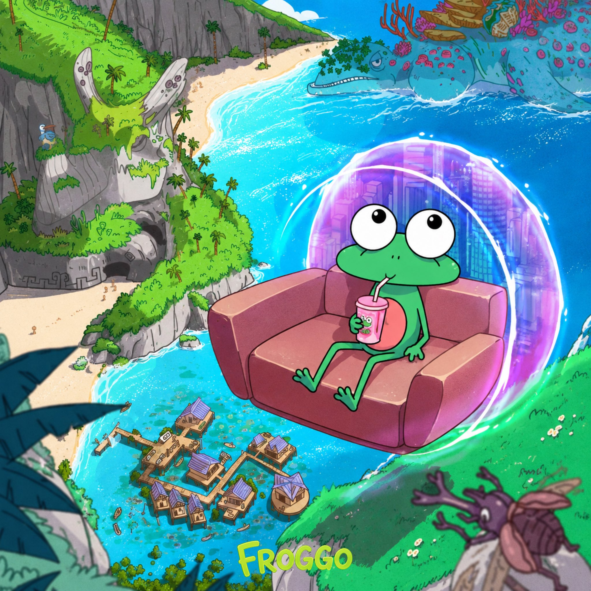 Froggo relaxing above a colorful island world
