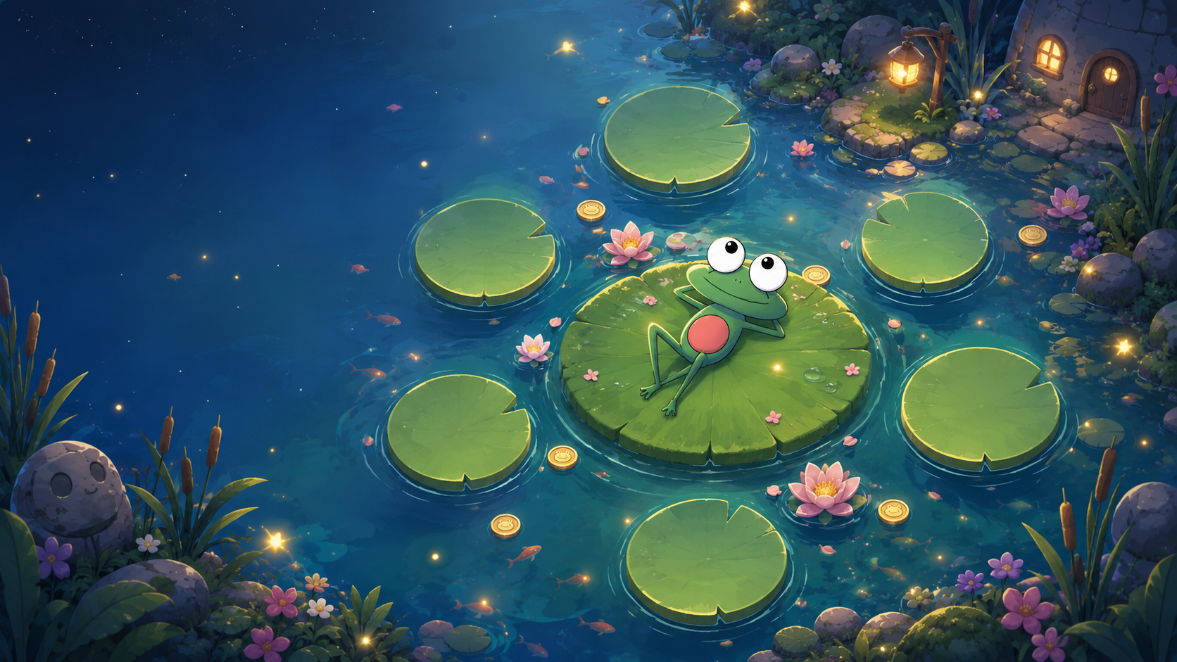 Froggo relaxing on a lily pad surrounded by tokenomics lily pads